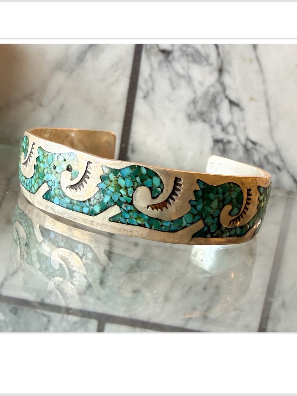 Vintage Southwestern Sterling Turquoise Inlay Cuff Bracelet Santa Fe Style